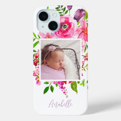 Bright Blooms Custom Photo Monogram iPhone 15 Case