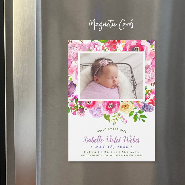 Bright Blooms Magnetic Photo Birth Announcement (Creator Uploaded)