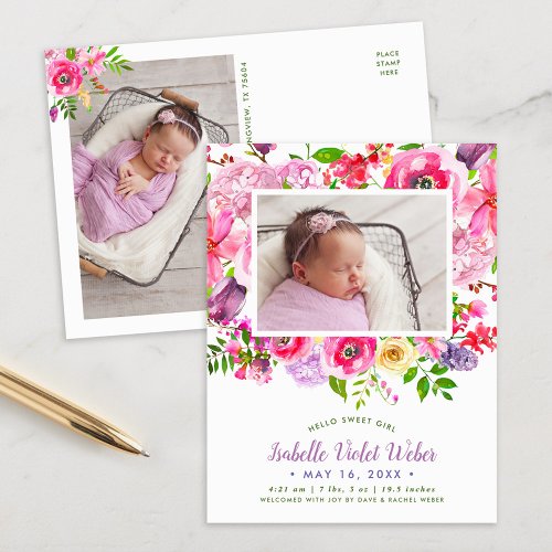 Bright Blooms Photo Birth Announcement Postcard