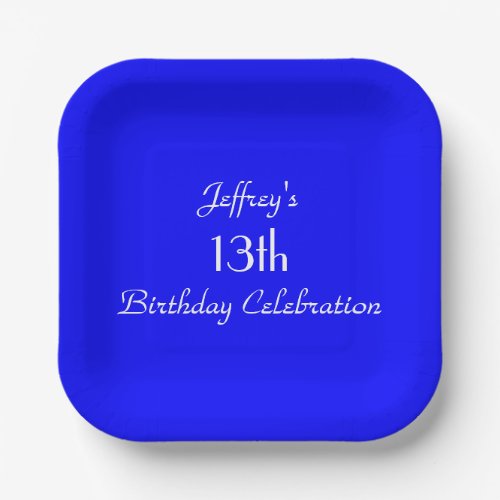Bright Blue 13th Birthday Party Name Simple Square Paper Plates