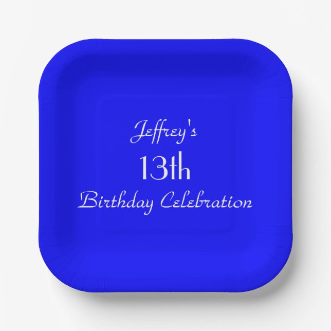 Bright Blue 13th Birthday Party Name Simple Square Paper Plates (Front)