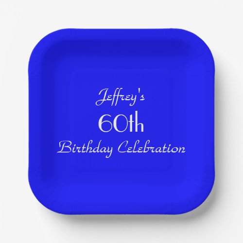 Bright Blue 60th Birthday Party Simple Square Paper Plates