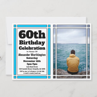 Bright Blue 60th Photo Birthday Invitation