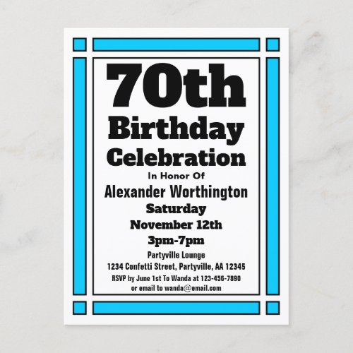 Bright Blue 70th Birthday Invitation Postcard