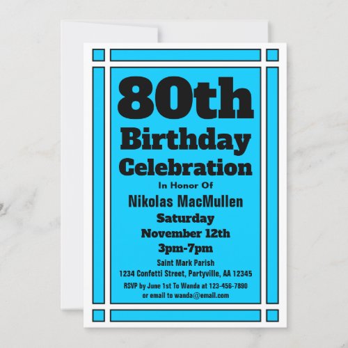 Bright Blue 80th Birthday Invitation