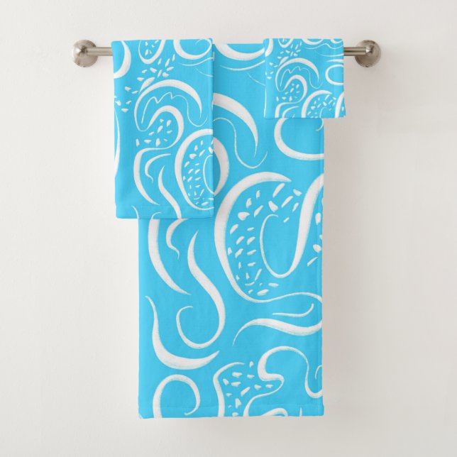 Bright Blue Abstract Swirls Pattern Bath Towel Set (Insitu)
