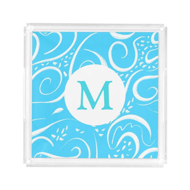 Bright Blue Abstract Swirls Pattern Monogram Acrylic Tray (Front)