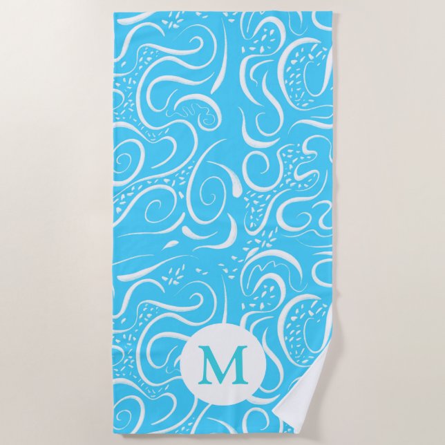 Bright Blue Abstract Swirls Pattern Monogram Beach Towel (Front)