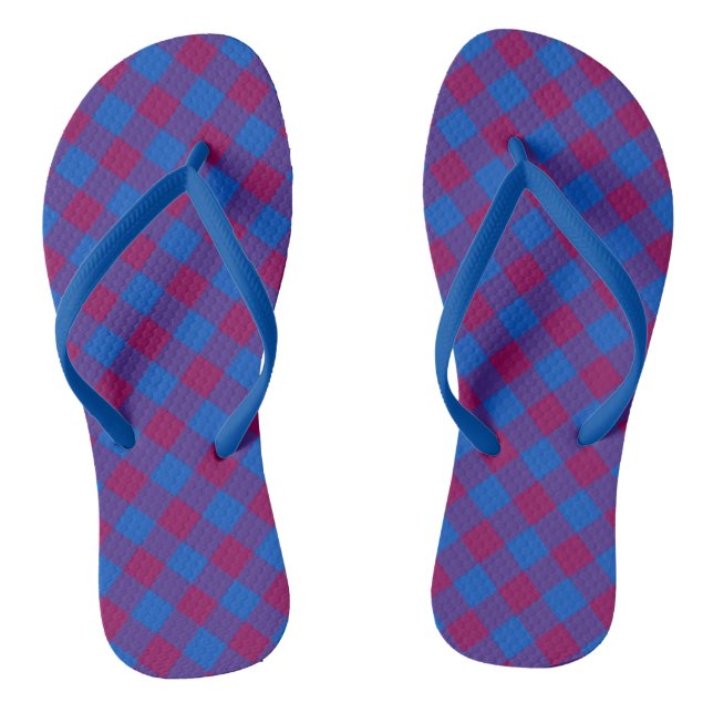 Bright Blue and Aubergine Diagonal Check Pattern Flip Flops