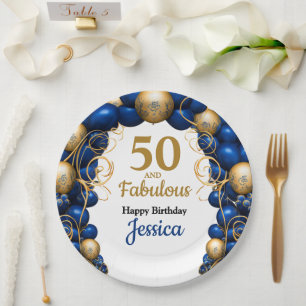 Bright Blue and Flat Gold Birthday Party Paper Plates