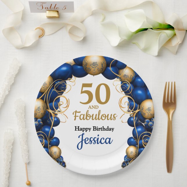 Bright Blue and Flat Gold Birthday Party Paper Plates (Wedding)