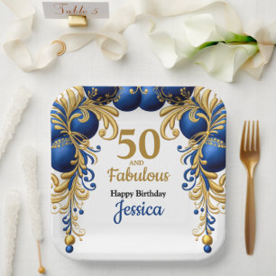 Bright Blue and Flat Gold Birthday Party Paper Plates