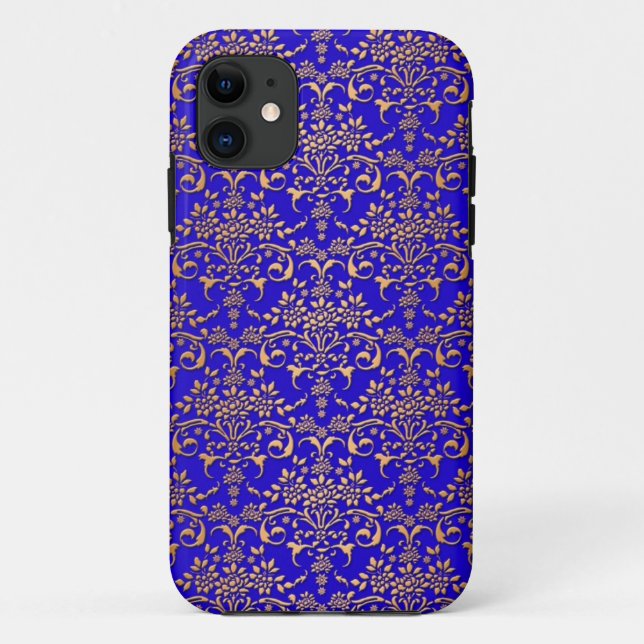 Bright Blue and Gold Fancy Damask Pattern Case-Mate iPhone Case (Back)