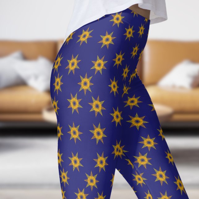 Bright Blue and Gold Star Pattern Leggings (Star on Midnight Blue)