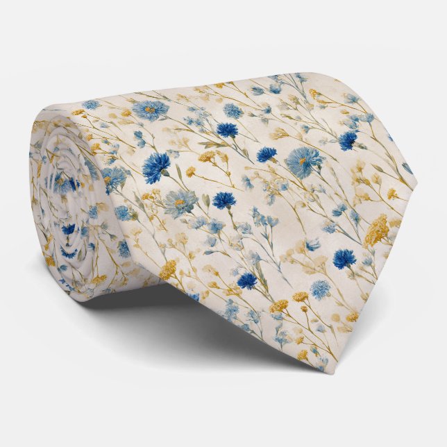 Bright Blue and Golden Wildflower Wedding Neck Tie (Rolled)