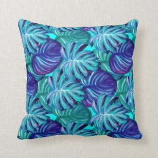 Bright Blue and Green Palm Tree Leaf Throw Pillow