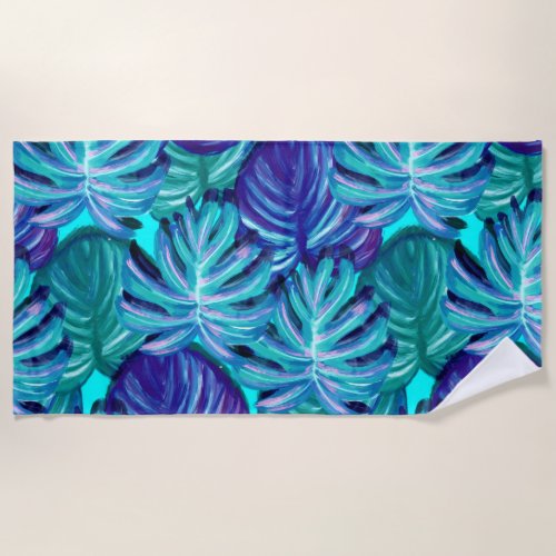 Bright Blue and Green Palm Tree Leaves Luggage Bea Beach Towel