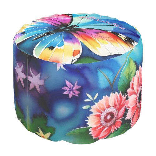 Bright blue and green watercolor butterfly  pouf