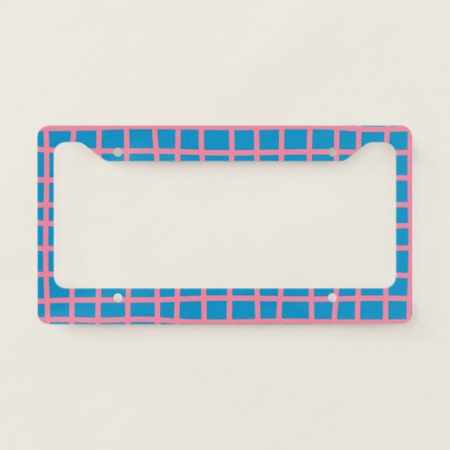 Bright Blue and Pink Abstract Grid Lines Pattern  License Plate Frame