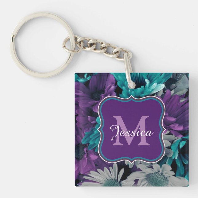 Bright Blue and Purple Flowers Personalised Keychain (Front)