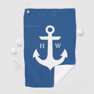 Bright Blue and White Anchor Monogram Golf Towel