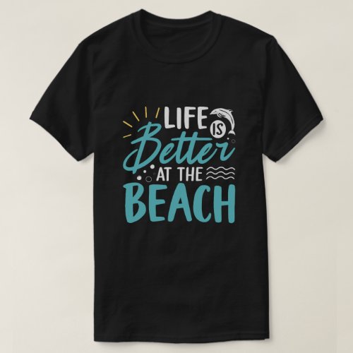Bright Blue and White Beach Typography Design T_Shirt