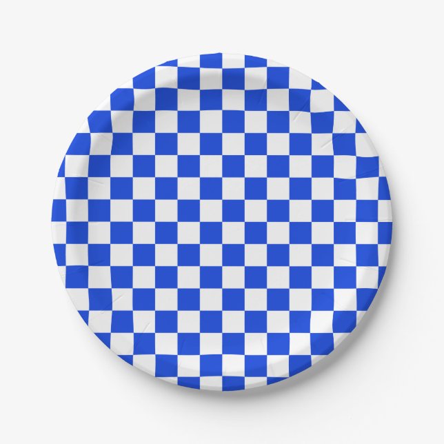 Bright Blue and White Checkerboard Check Pattern Paper Plates (Front)
