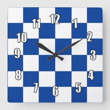 Bright Blue And White Checkerboard Square Wall Clock by hungaricanprincess at Zazzle