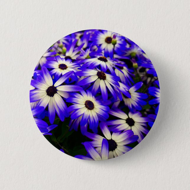 Bright Blue and White Digital Flowers Button (Front)