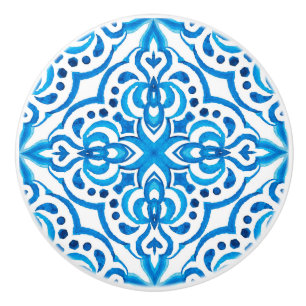 Bright Blue and White Moroccan Ceramic Knob