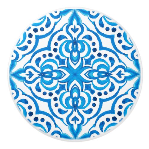 Bright Blue and White Moroccan  Ceramic Knob