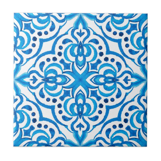 Bright Blue and White Moroccan  Ceramic Tile (Front)
