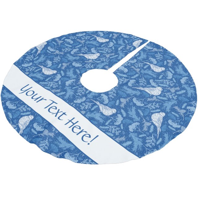Bright Blue and Winter White Birds Floral Pattern Brushed Polyester Tree Skirt (Angled)
