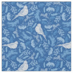 Bright Blue and Winter White Birds Floral Pattern Fabric