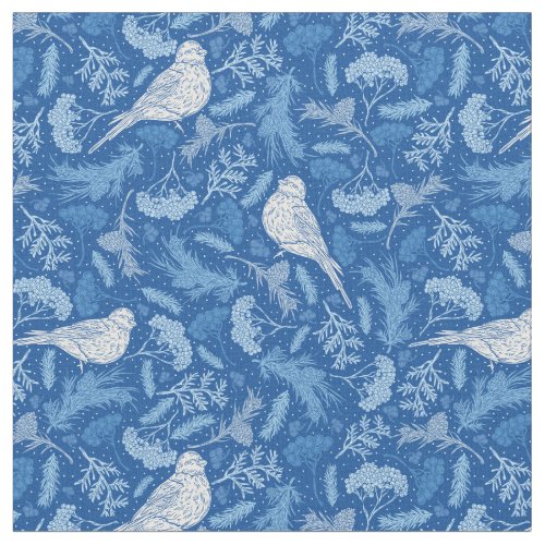 Bright Blue and Winter White Birds Floral Pattern Fabric