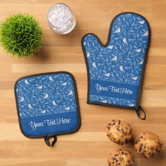 Bright Blue and Winter White Birds Floral Pattern Oven Mitt & Pot Holder Set