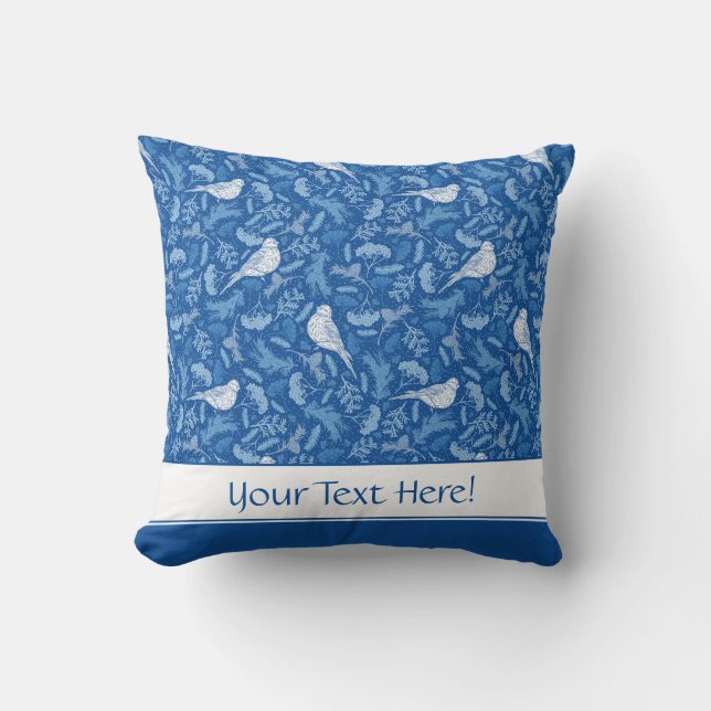 Bright Blue and Winter White Birds Floral Pattern Throw Pillow (Front)