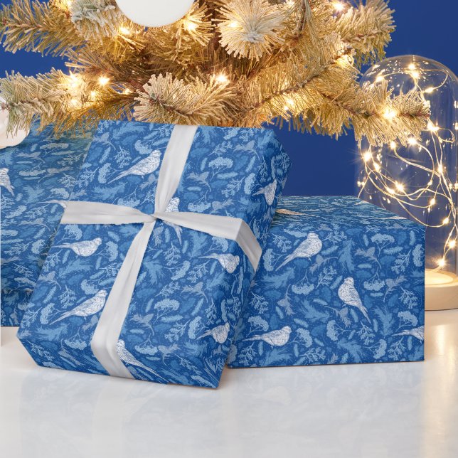 Bright Blue and Winter White Birds Floral Pattern Wrapping Paper (Holidays)