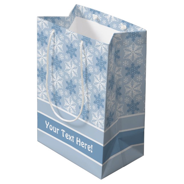 Bright Blue and Winter White Snowflake Pattern Medium Gift Bag (Back Angled)