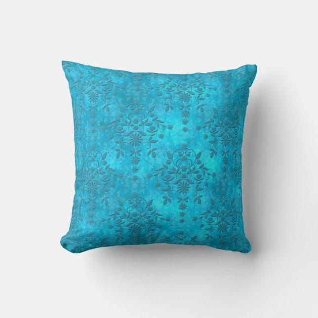 Bright Blue Aqua Double Distressed Damask Throw Pillow (Front)