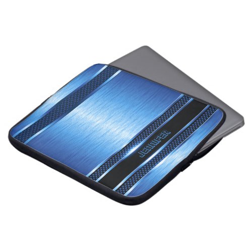 Bright Blue  Black Design Brushed Aluminum Look Laptop Sleeve