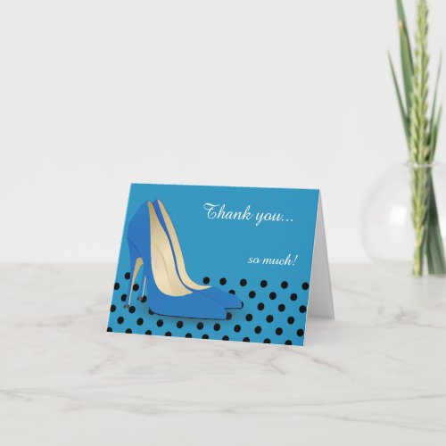 Bright Blue Black Polka Dots and Red Pumps Thank You Card
