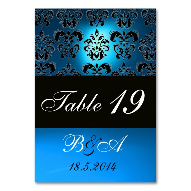 BRIGHT BLUE BLACK WHITE CLASSY DAMASK MONOGRAM TABLE NUMBER (Back)