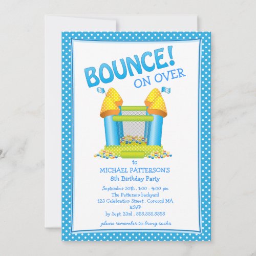 Bright Blue Bouncy House Birthday Party Invitation