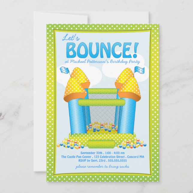 Bright Blue Bouncy House Birthday Party Invitation (Front)