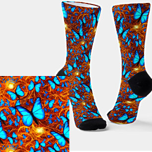 Bright Blue Butterflies on Golden Light Swirls Socks