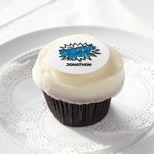 Bright Blue Comic Text _ Happy Birthday Edible Frosting Rounds