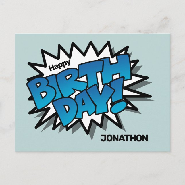 Bright Blue Comic Text - Happy Birthday Postcard (Front)