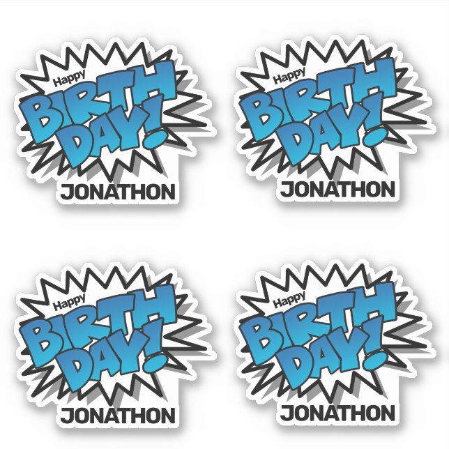 Bright Blue Comic Text - Happy Birthday Sticker (Front)
