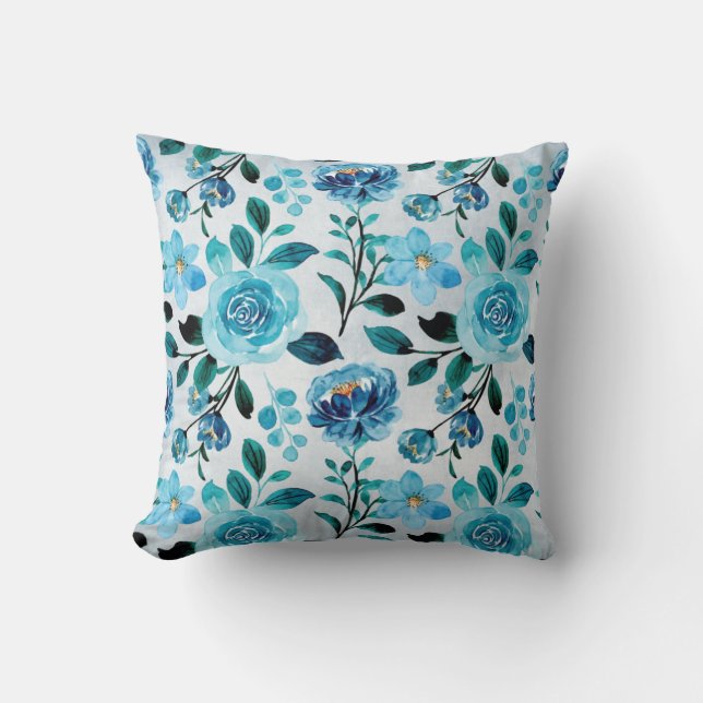 Bright Blue Country Floral Pattern Throw Pillow (Front)